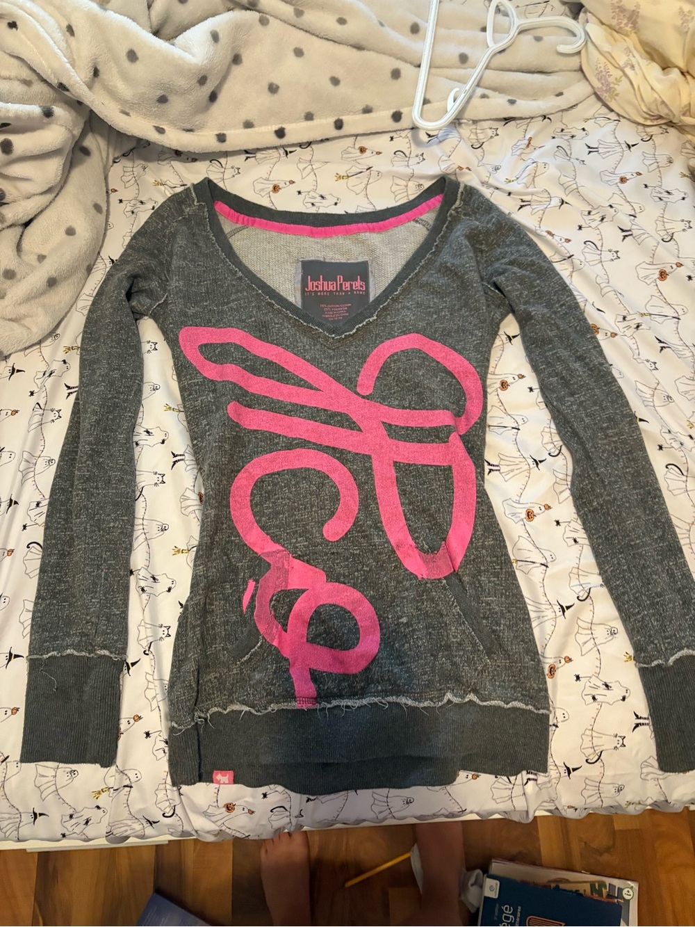 Gray V-Neck Sweater with Pink Script